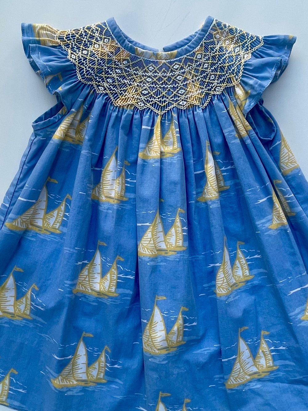 Claire & Charlie Smocked Dress Sailboat Baby 9 Months - Blue, Yellow